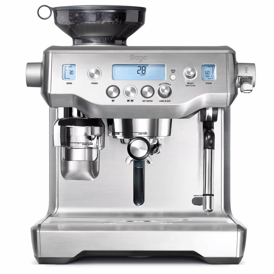 Sage Oracle 1 Cafetera Sage The Oracle plateada, con molinillo y espumador de leche integrado