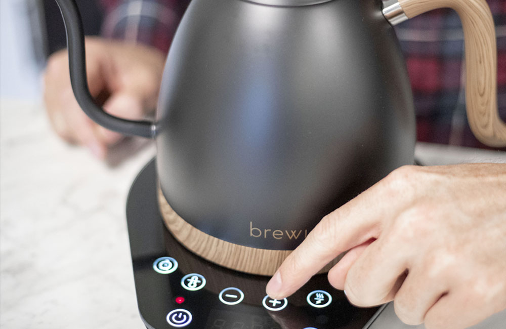 Detail of Brewista Artisan black and wood water kettle