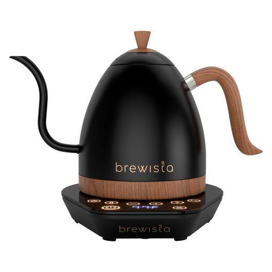 Hervidor de agua negro con mango de madera brewista artisan. Kettle eléctrico con cuello de cisne