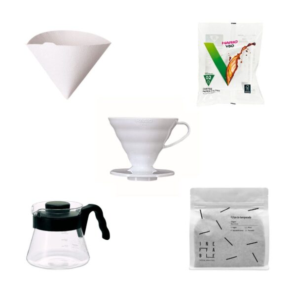 Specialty Coffee Packs and Kits 6 V60 or filter coffee starter pack including V60 dripper, V60 filters, Hario V60 jug, and a packet of specialty filter coffee.