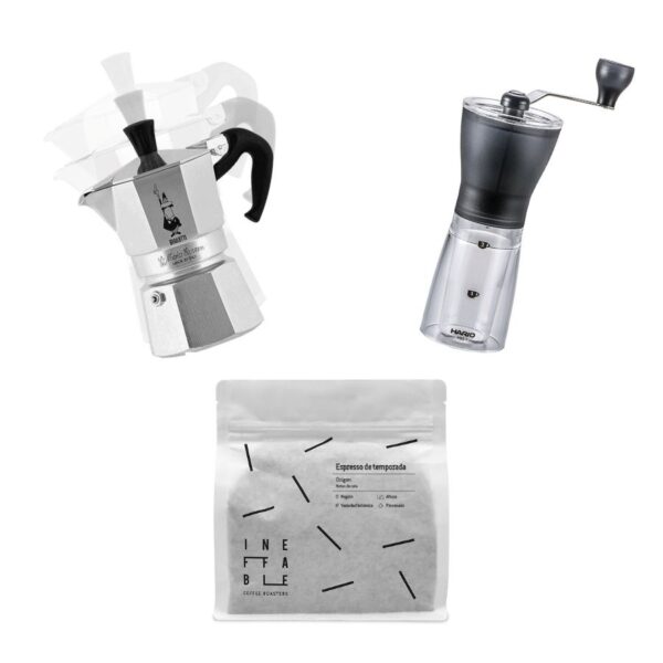 Specialty Coffee Packs and Kits 5 Coffee Gift Pack or Kit including a packet of specialty coffee, a Bialetti Italian coffee maker, and a Hario Mini Mill grinder.