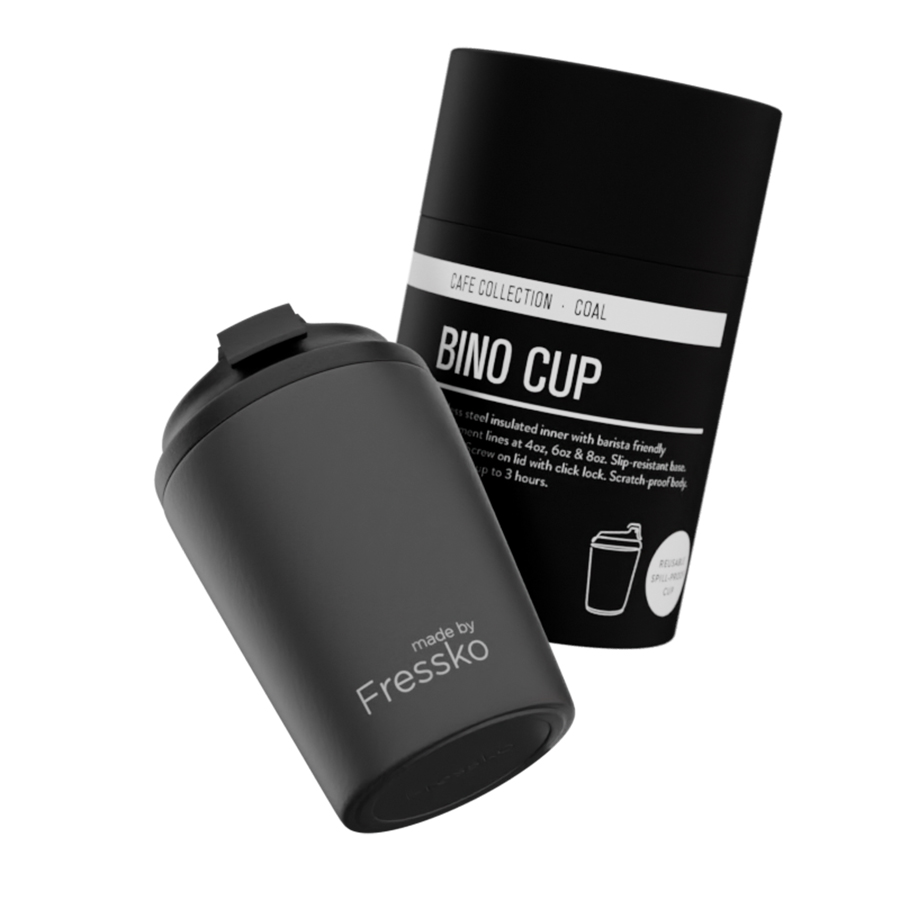 Taza Termo Café by Fressko BINO 1 Taza termo para café de color negro con packaging de la marca Fressko