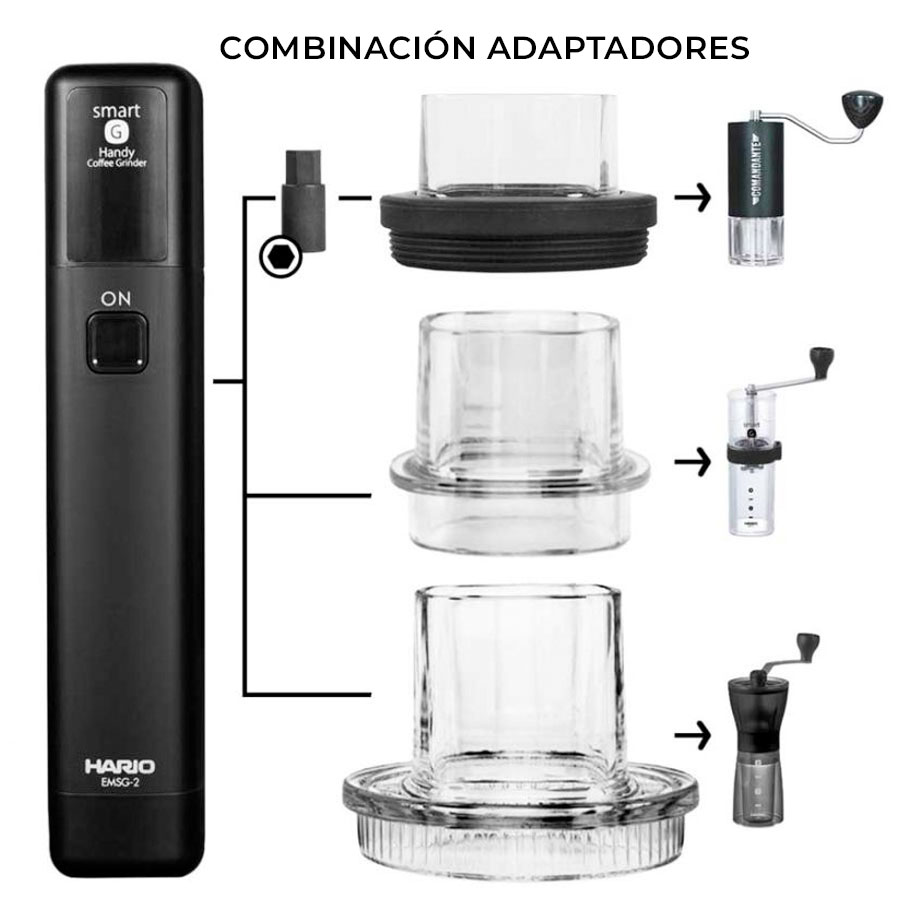 Hario Mobile Mill Stick con Adaptador Comandante 4 Combinación de diferentes adaptadores con los que puedes usar el mobile mill stick de Hario y convertirlos en molinos eléctricos.