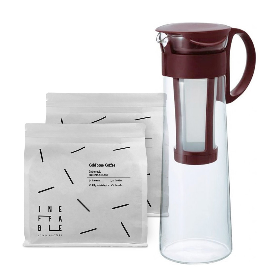 Pack Hario Mizudashi 1L + Cold Brew Coffee 2 x 250gr 1 Pack de café cold brew con cafetera hario mizudashi de 1 litro y 2 paquetes de 250 gramos de café de especialidad para cold brew